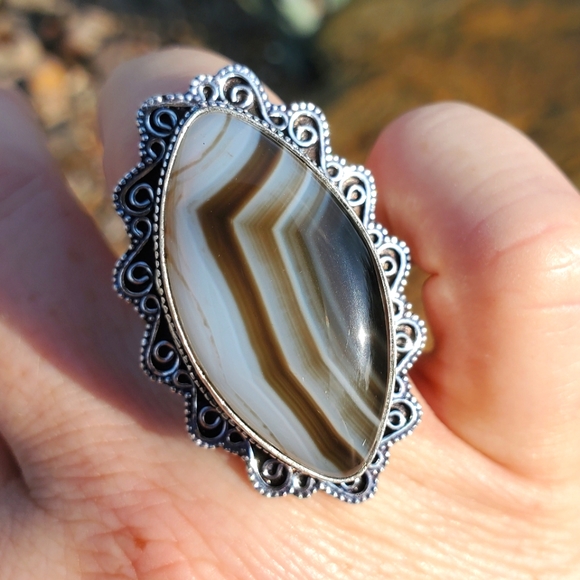 New Huge Botswana Agate Antique Design 925 Silver Statement Ring. - Picture 1 of 16